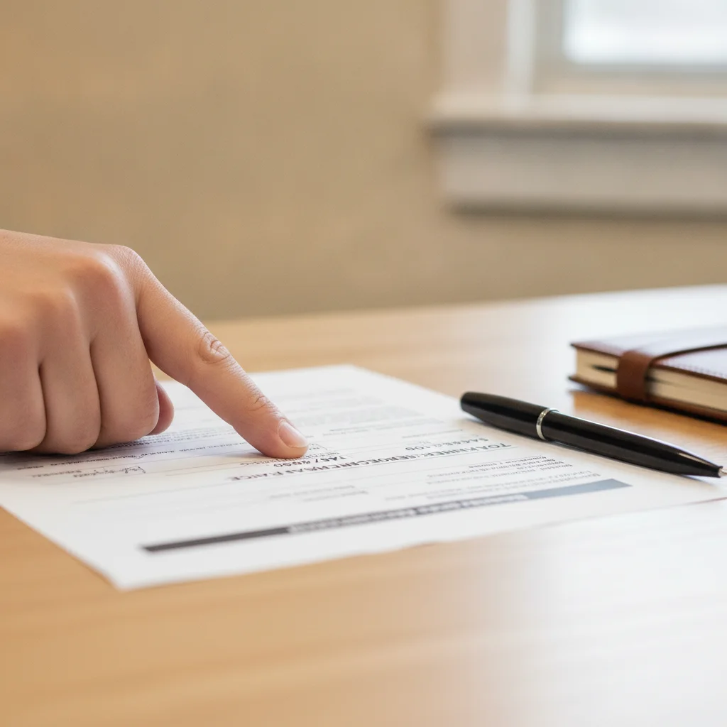 Person reviewing and pointing to a line item on a printed car purchase contract