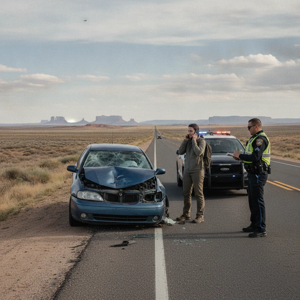 Person speaking with a police officer beside a damaged vehicle after an accident