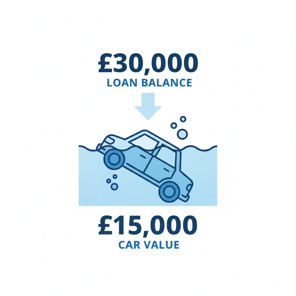 Illustration of a car partially submerged below a waterline representing negative equity on an auto loan