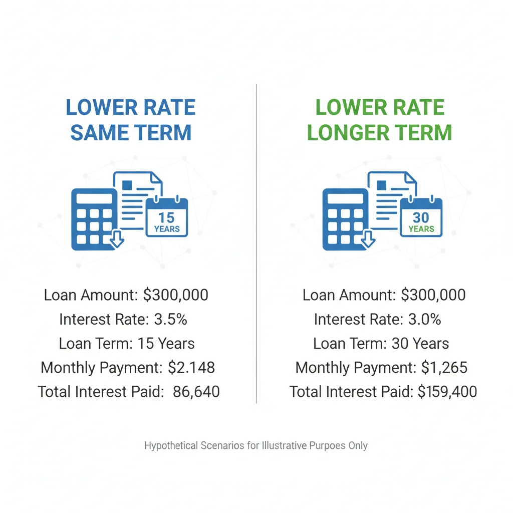 Side-by-side comparison of two auto loan refinancing scenarios showing different term lengths and total interest costs