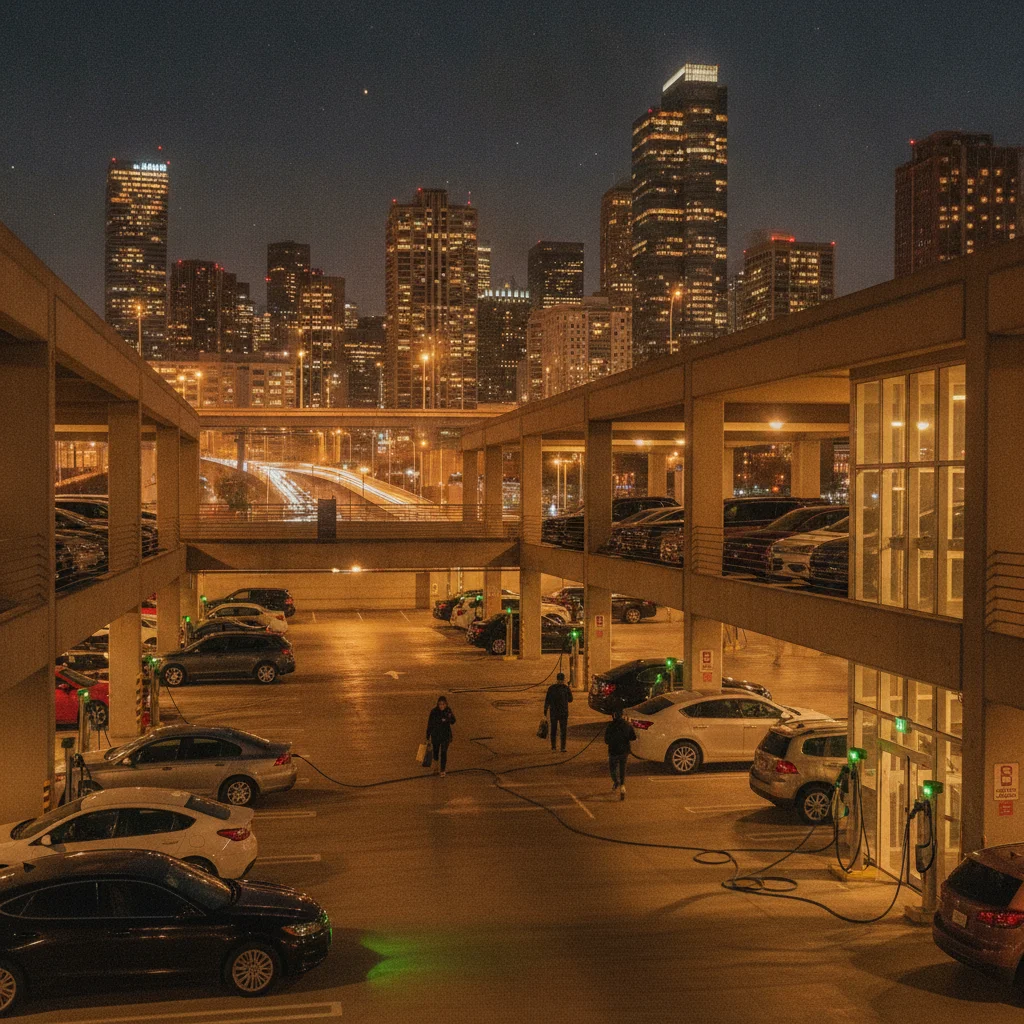 Multiple Level 2 EV chargers in use inside an urban parking structure at night