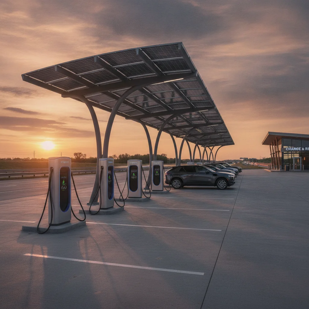 Row of highway DC fast-charging stations with vehicles plugged in under a canopy at golden hour