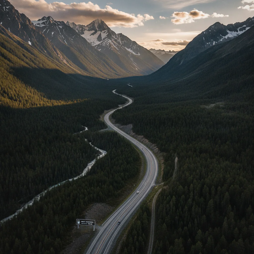 Aerial highway view through mountainous terrain illustrating long distances between exits for EV range planning