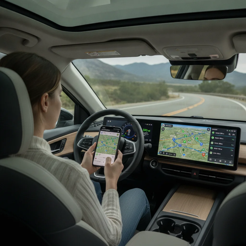 EV driver planning charging route using smartphone app and car navigation screen simultaneously