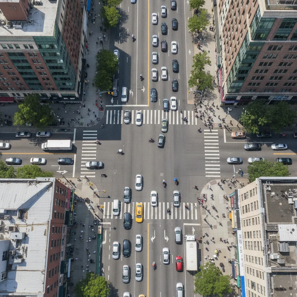 Overhead view of a busy urban intersection with vehicles, cyclists, and pedestrians navigating simultaneously