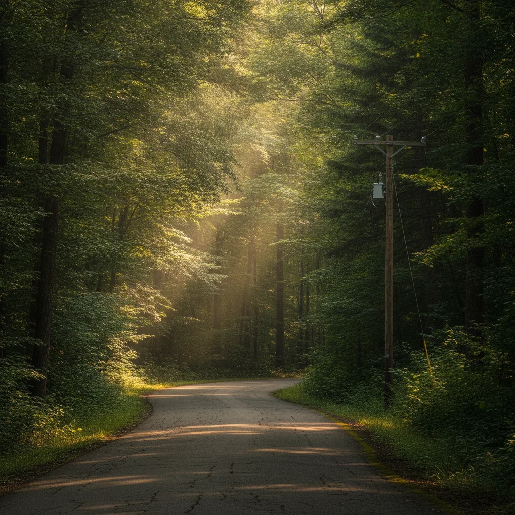 Narrow two-lane rural road curving through forest with utility pole close to the edge and no guardrails