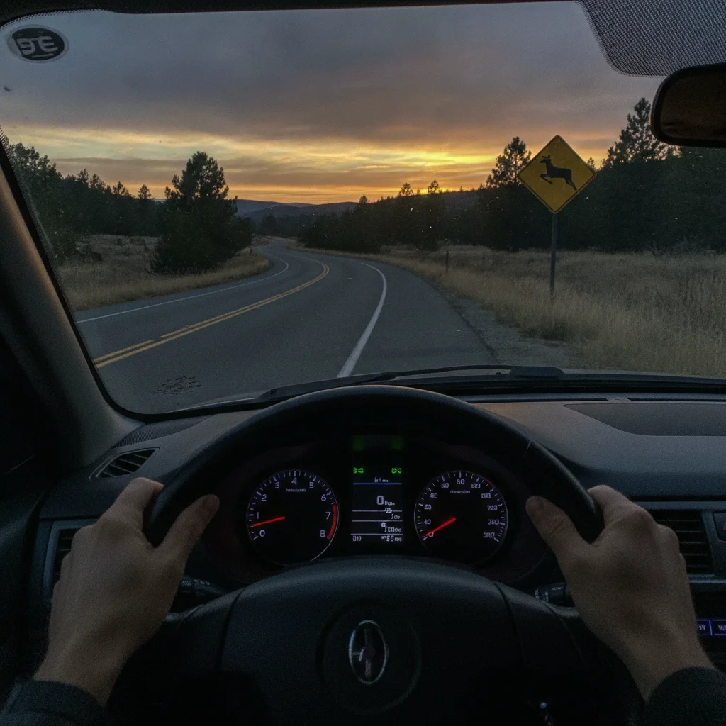 Driver's hands on steering wheel approaching a rural curve at dusk with a deer warning sign visible outside
