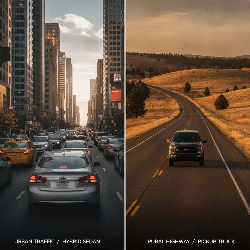 Split image comparing a hybrid car in urban congestion on the left and a pickup truck on a rural highway on the right