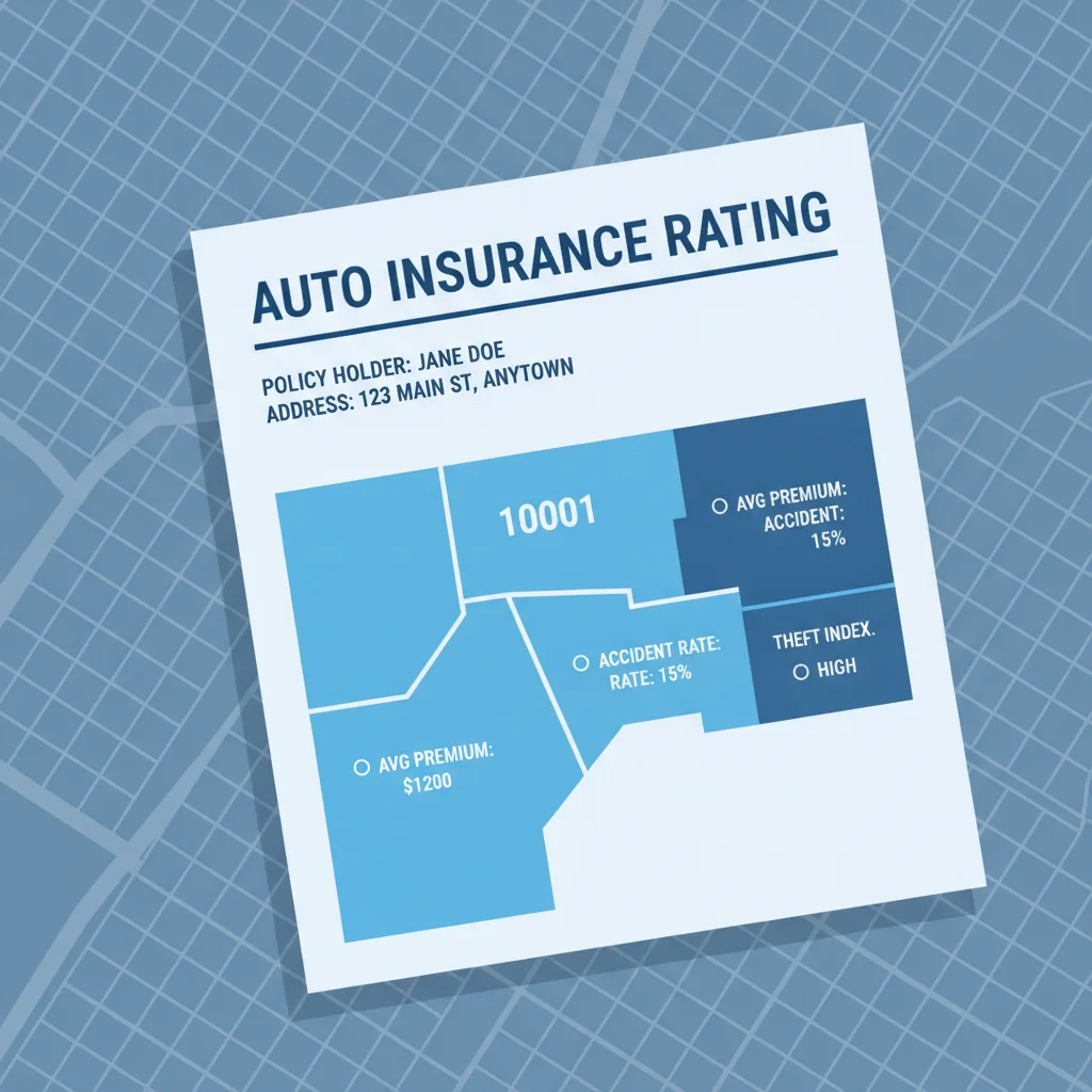 Auto insurance rating document overlaid on a city ZIP code map showing territorial pricing zones
