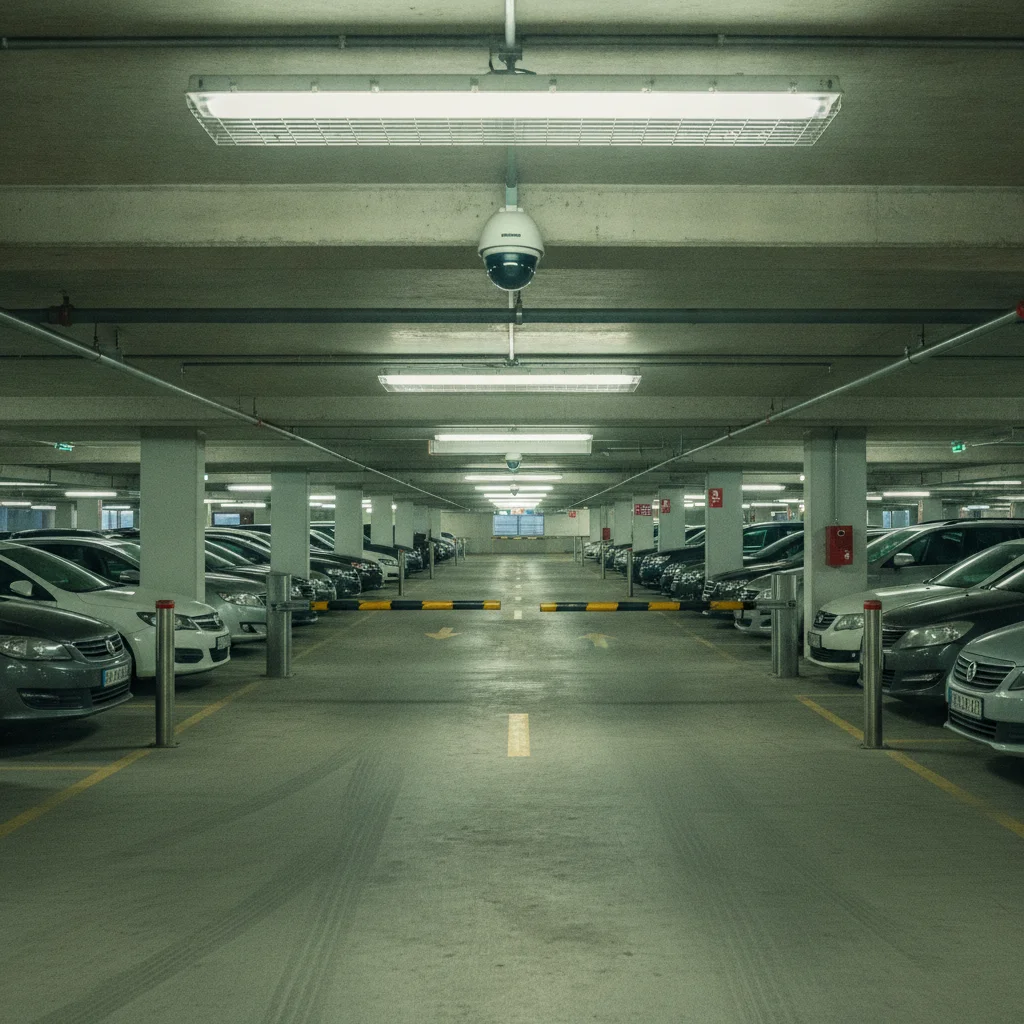 Rows of cars parked inside a secure urban parking garage with visible security camera overhead