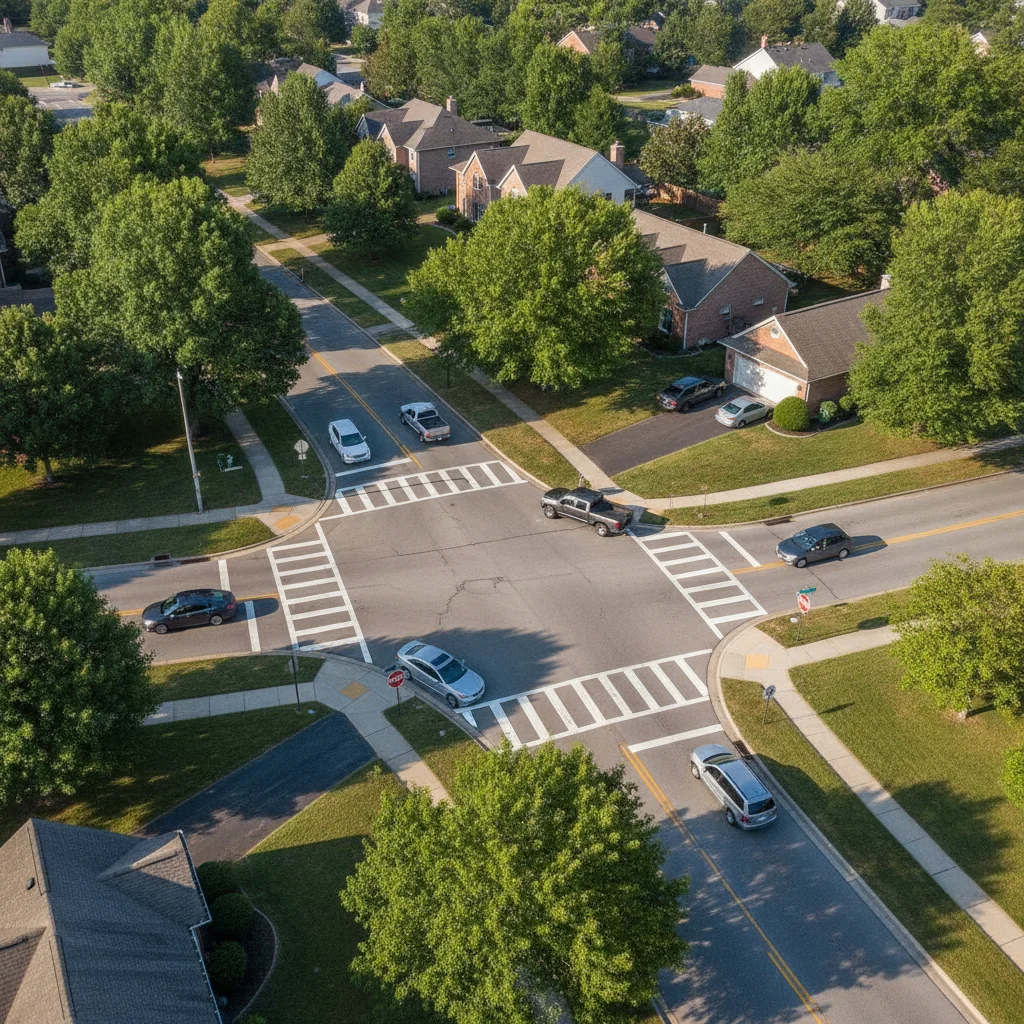 Aerial view of a four-way stop intersection in a U.S. suburban neighborhood with vehicles and road markings