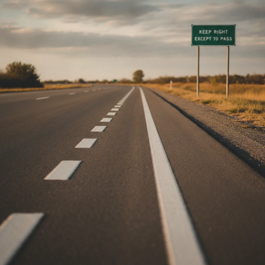 Highway lane markings and Keep Right Except to Pass sign on American highway shoulder