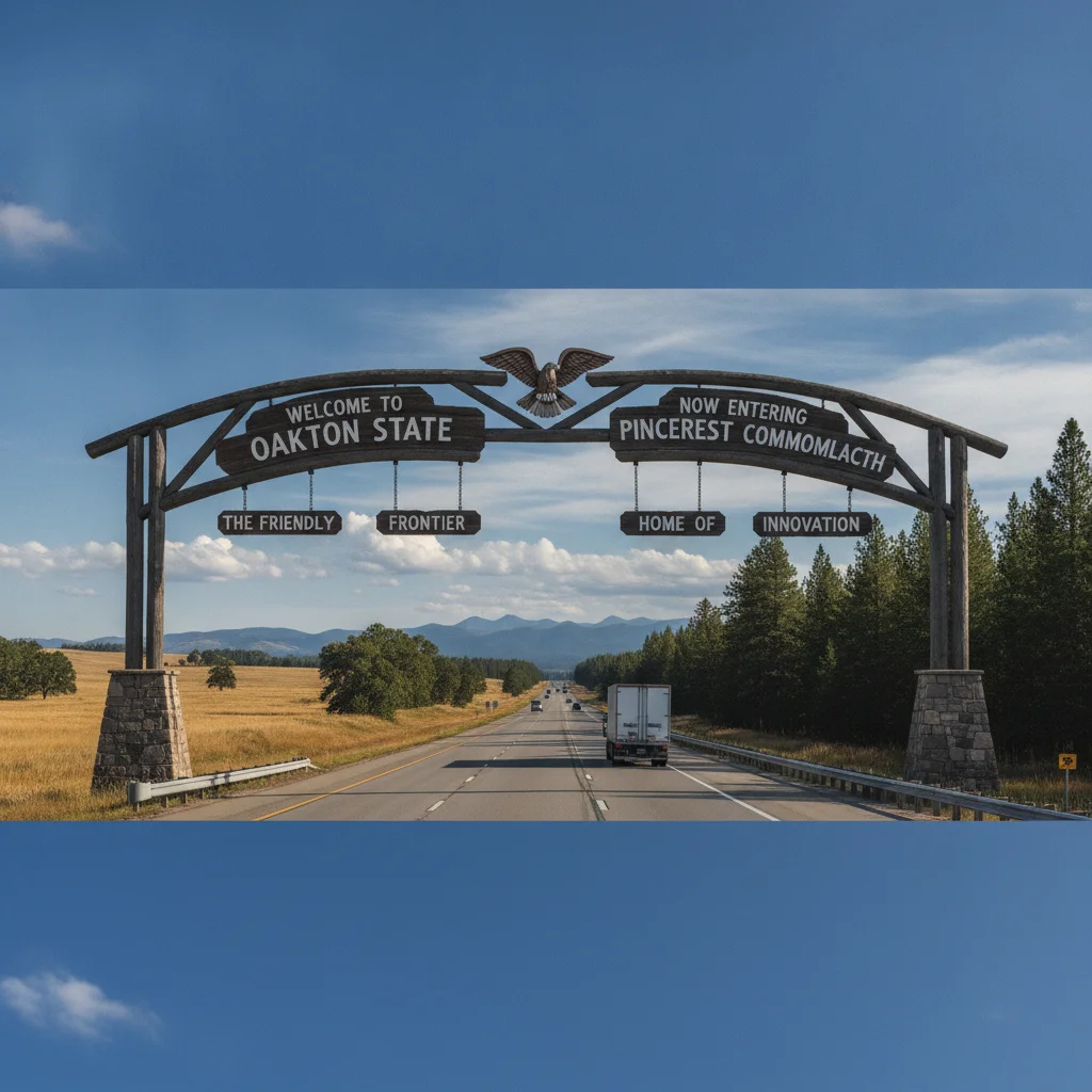 U.S. state border welcome sign on a highway with open road ahead, signaling entry into a new state
