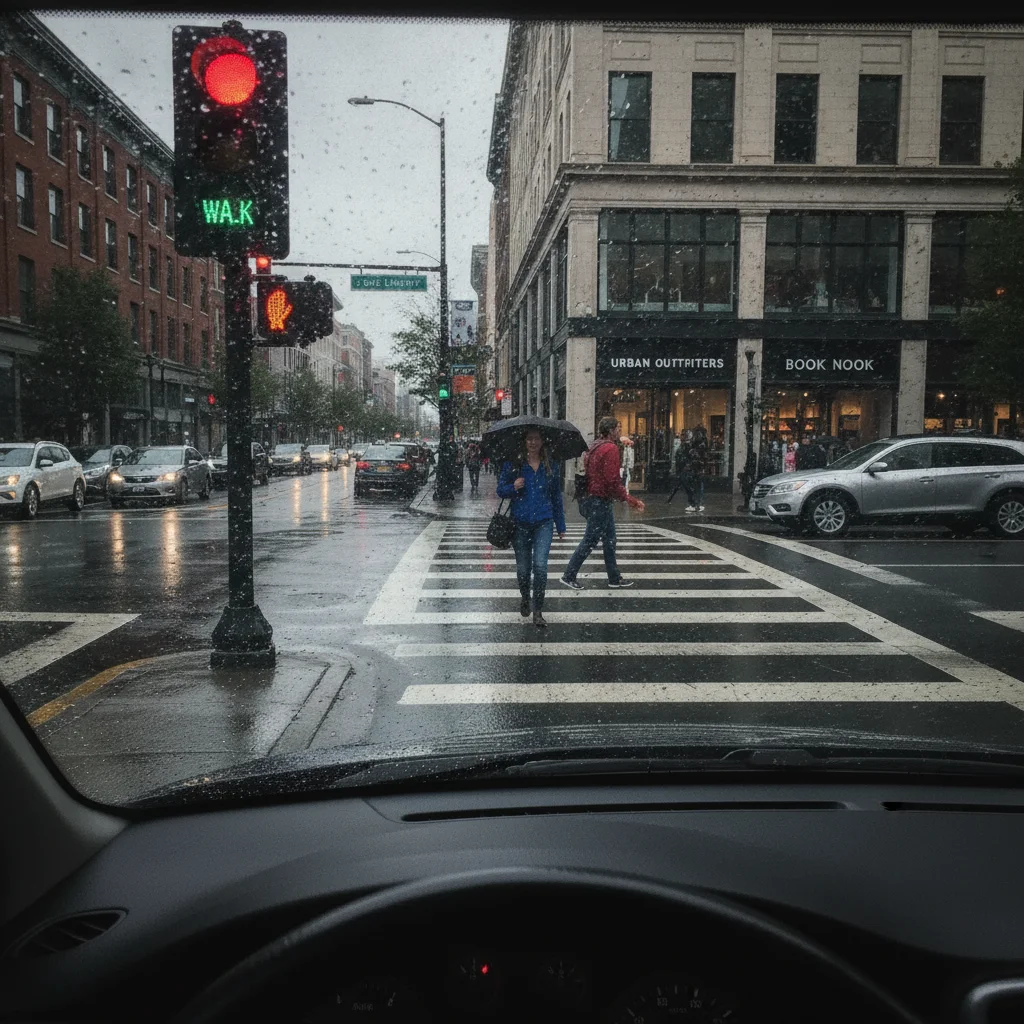 Driver's view through windshield of a pedestrian mid-crossing at a city crosswalk with traffic signals visible