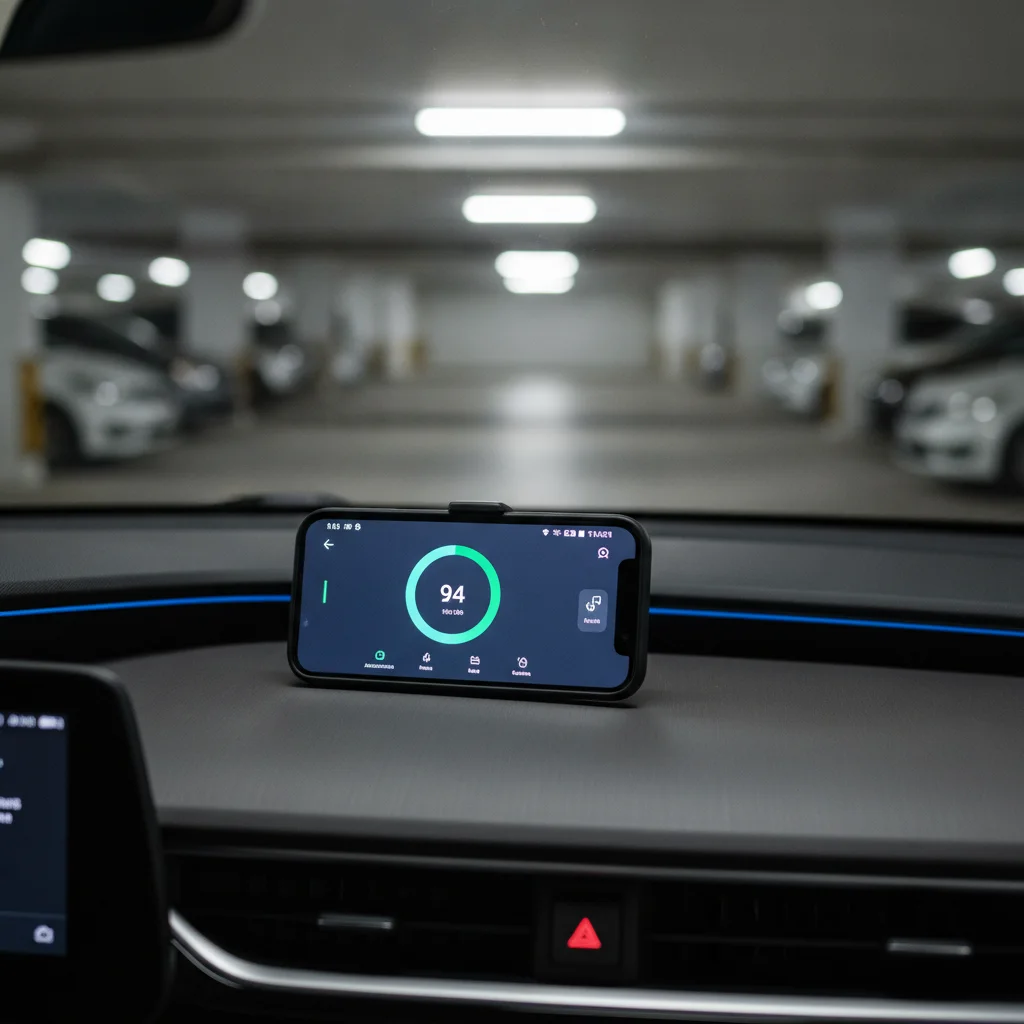 Smartphone showing a telematics driving score of 94 mounted on an electric vehicle dashboard
