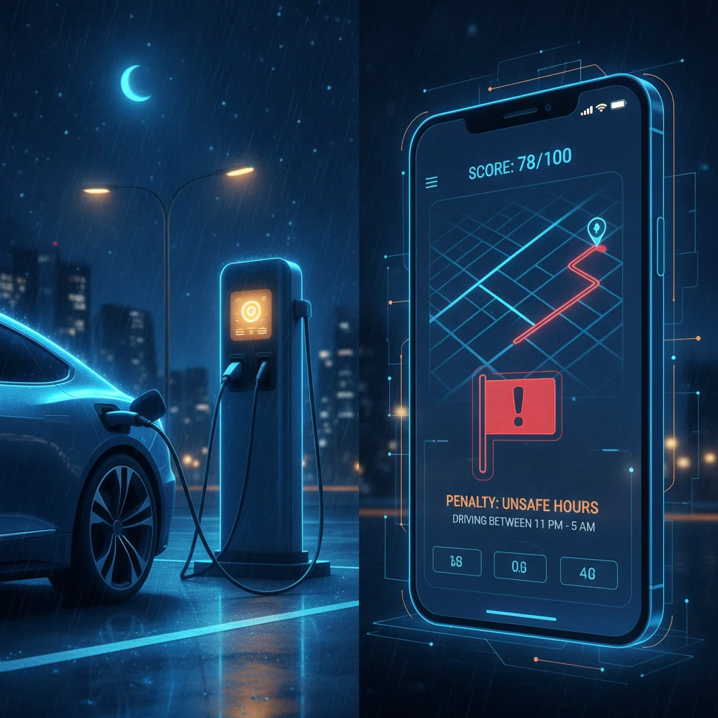 Electric vehicle charging at night next to a telematics app flagging late-night driving as a risk factor