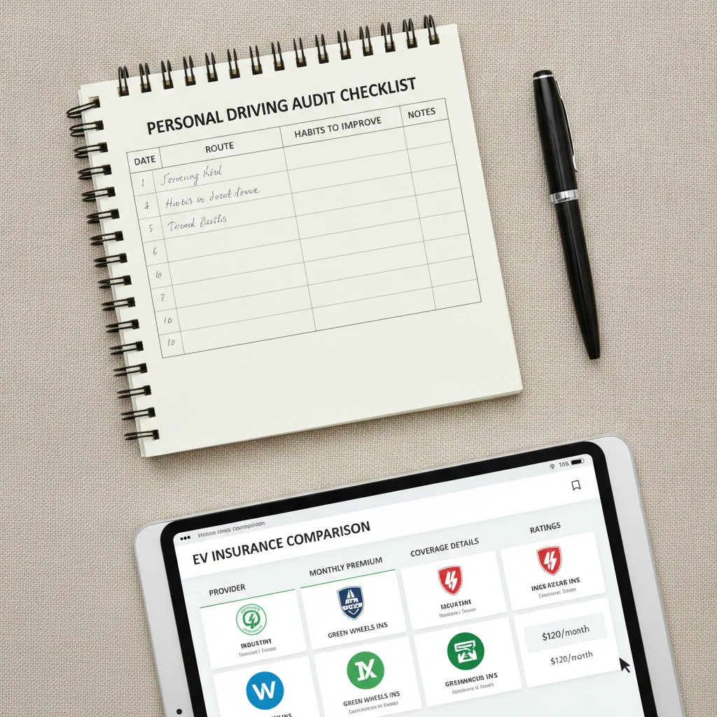 Notebook with driving audit checklist alongside a tablet showing EV insurance comparison data