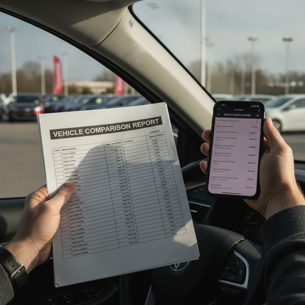 A car buyer reviewing printed market comps and a smartphone with vehicle pricing data