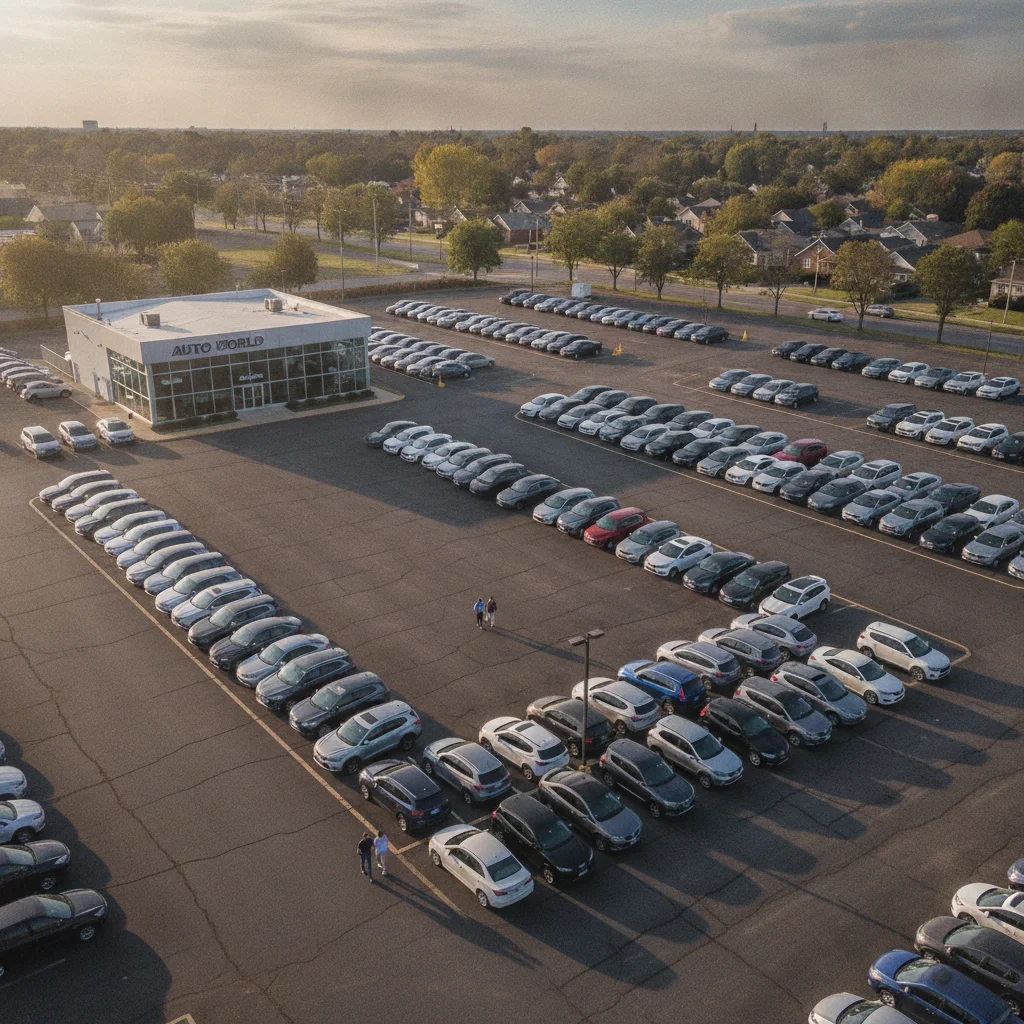 Aerial view of a used car lot on a quiet weekday morning with few customers