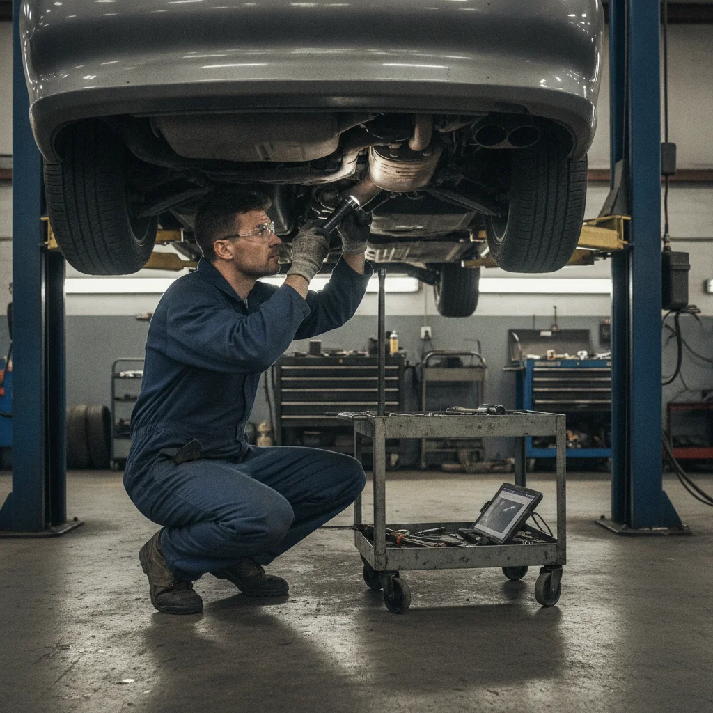 An independent mechanic performing a pre-purchase inspection on a used car on a lift