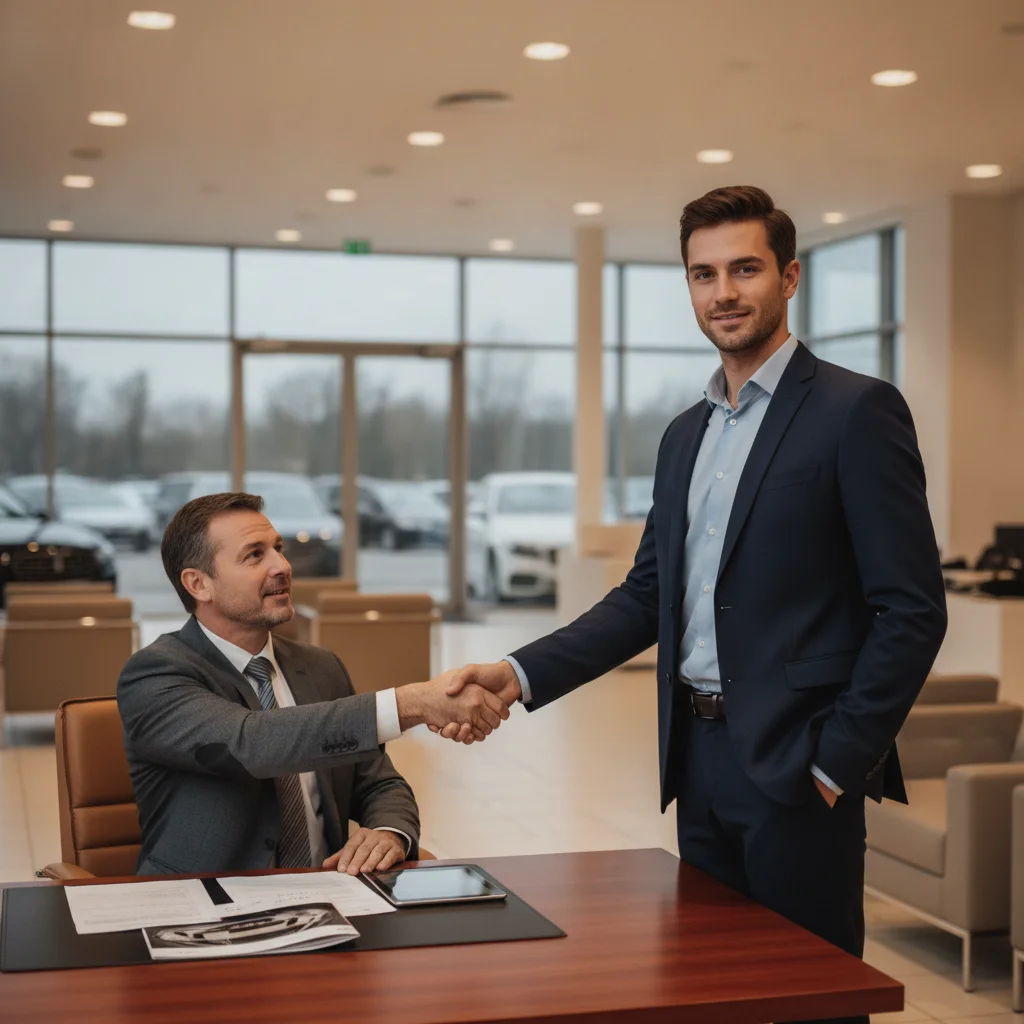 A confident car buyer extending a handshake to close a deal at a dealership desk
