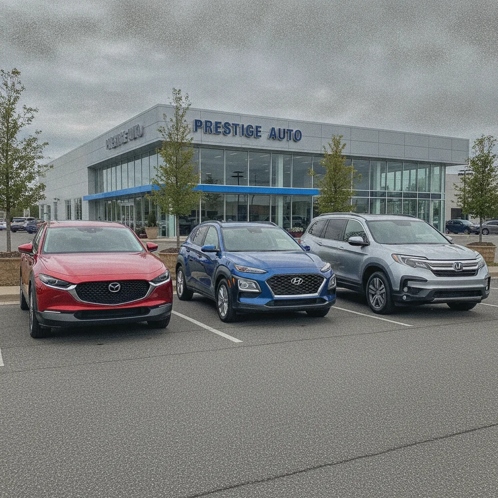 Two compact crossover SUVs and one midsize crossover parked side by side at a dealership