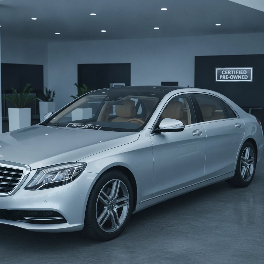 A used European luxury sedan displayed on a dealership showroom floor under soft lighting