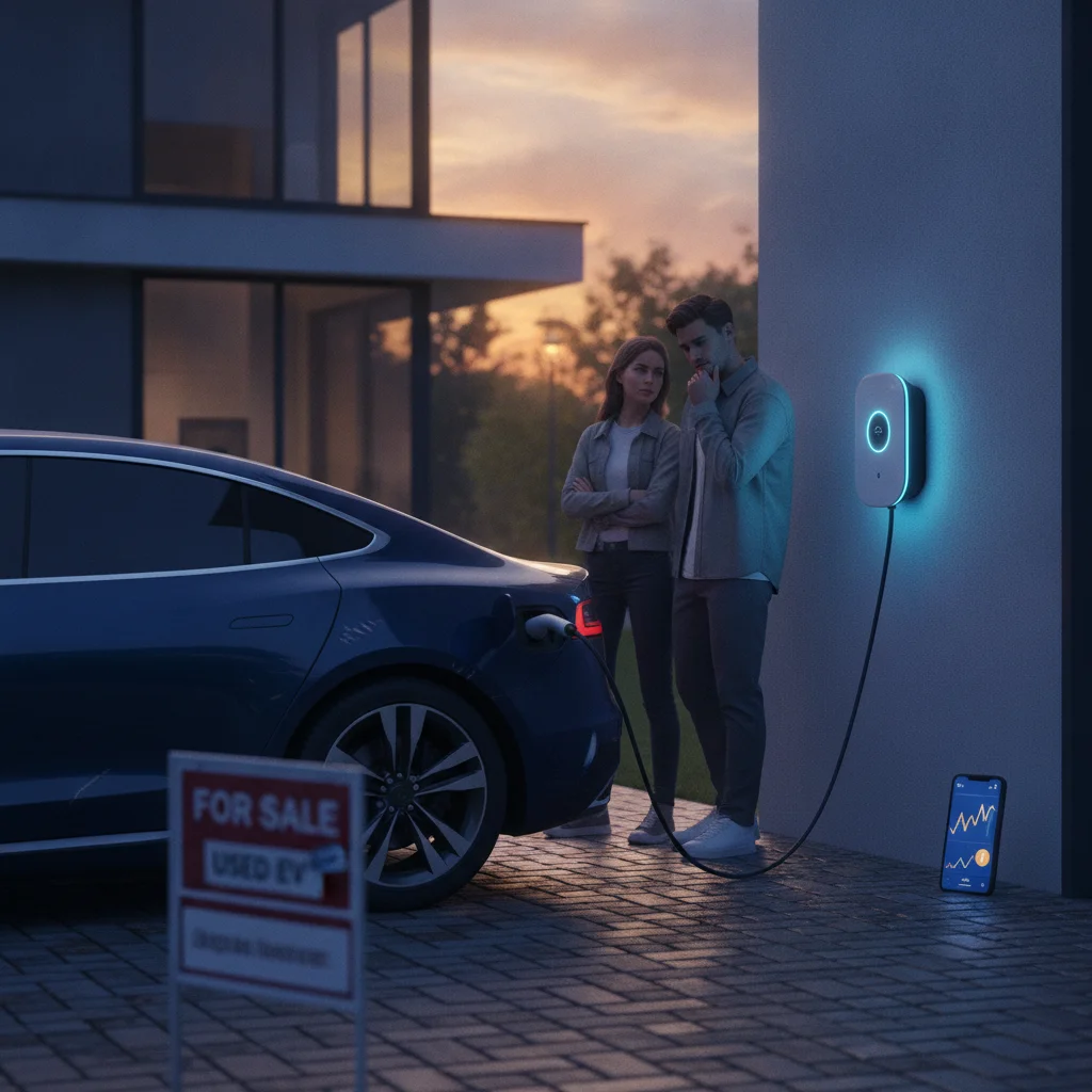 A used electric vehicle being plugged into a home charging station in a residential driveway at dusk