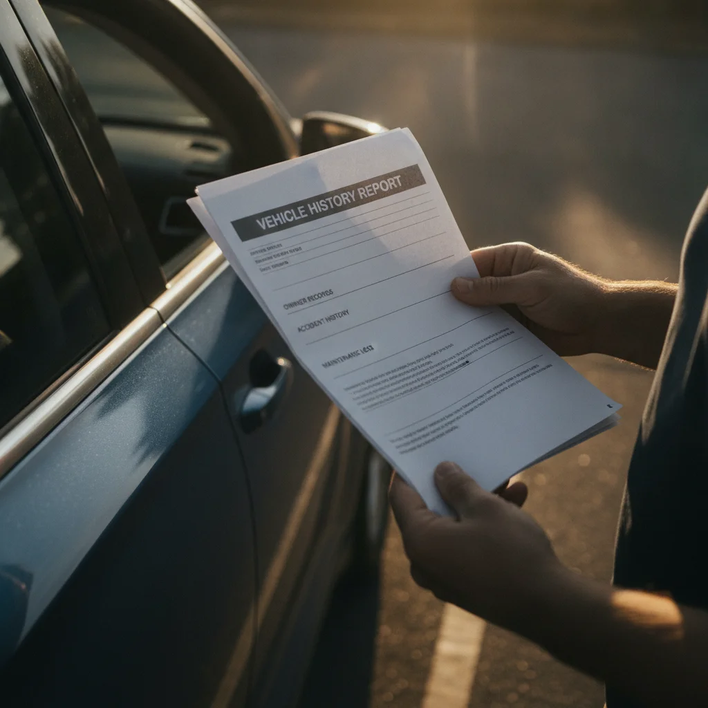 A buyer reviewing a printed vehicle history report next to a used car door