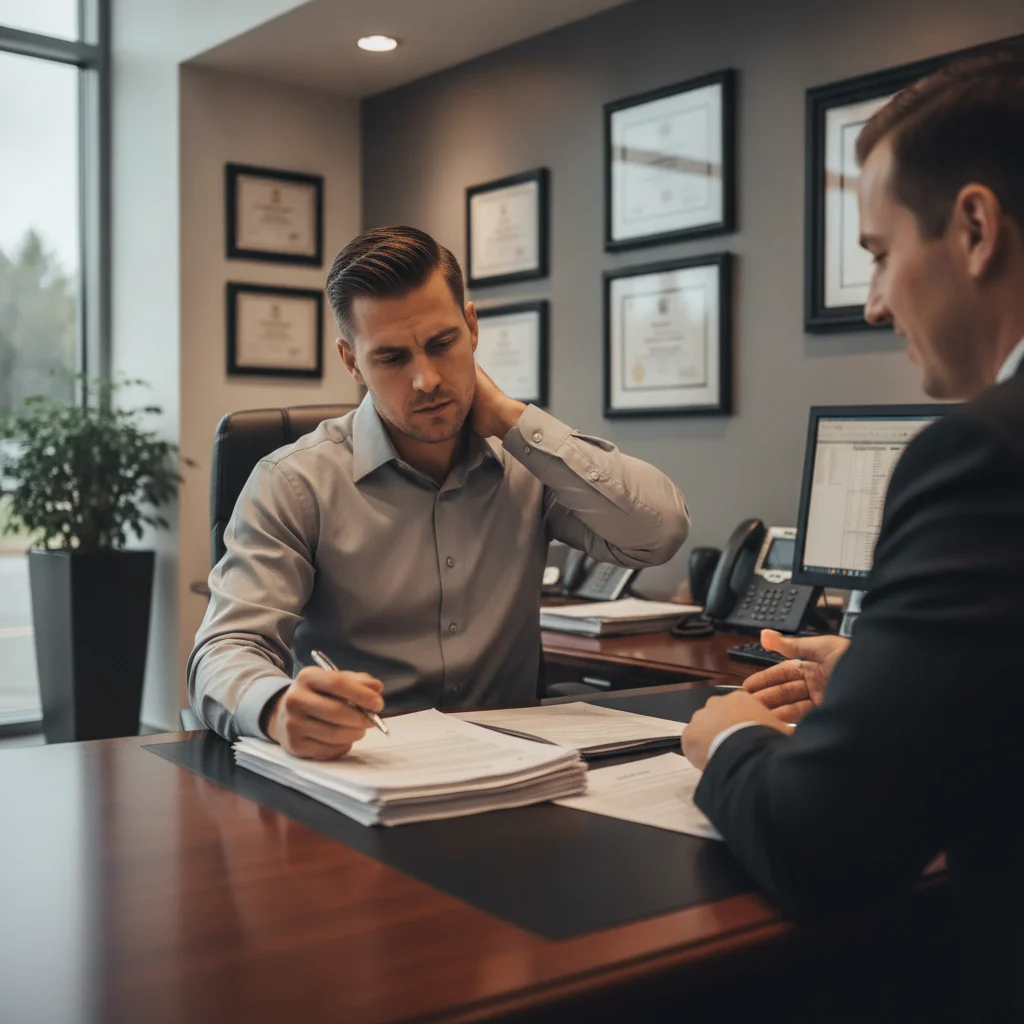A car buyer reviewing financing paperwork at a dealership finance office desk