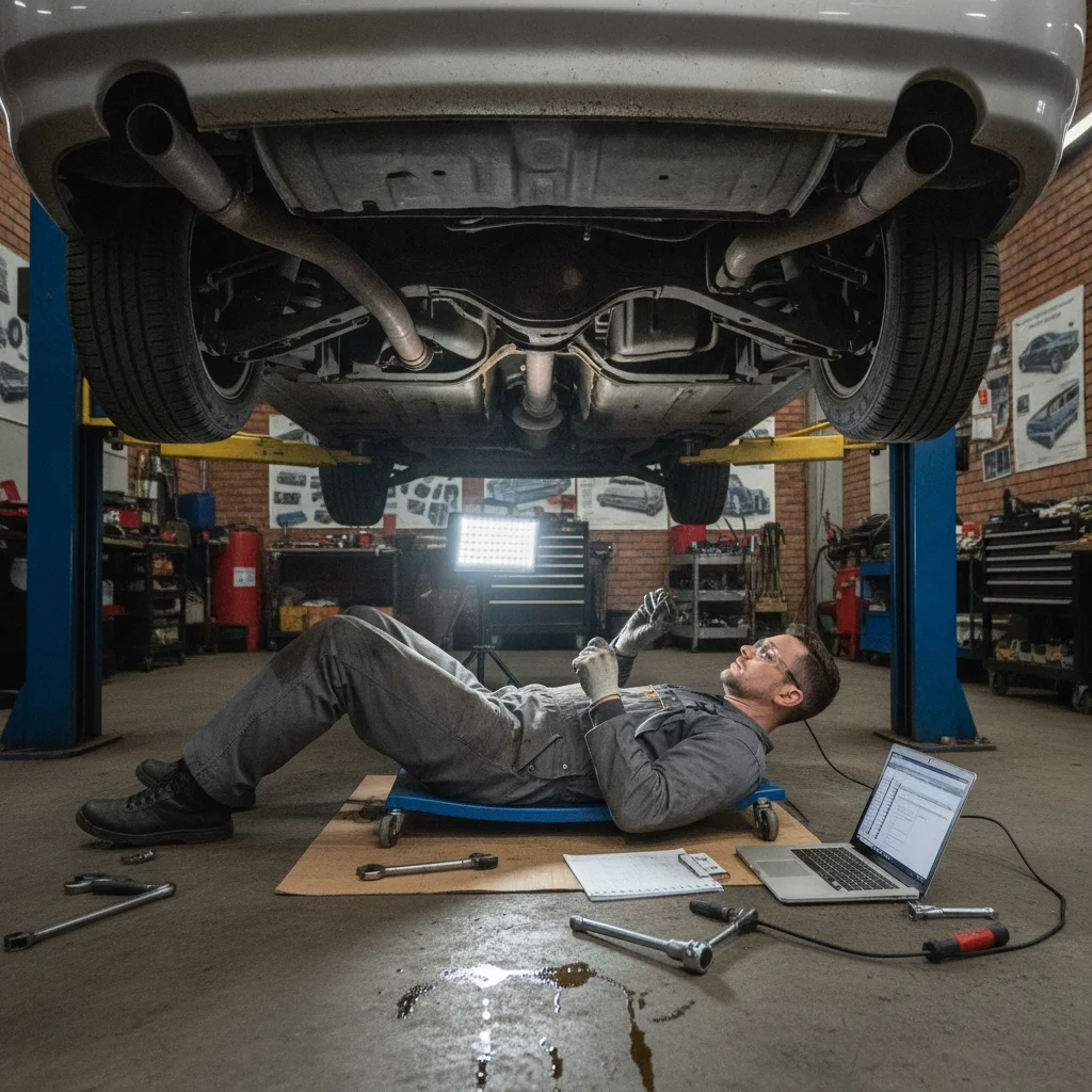 An independent mechanic performing an undercarriage inspection on a used car in a garage