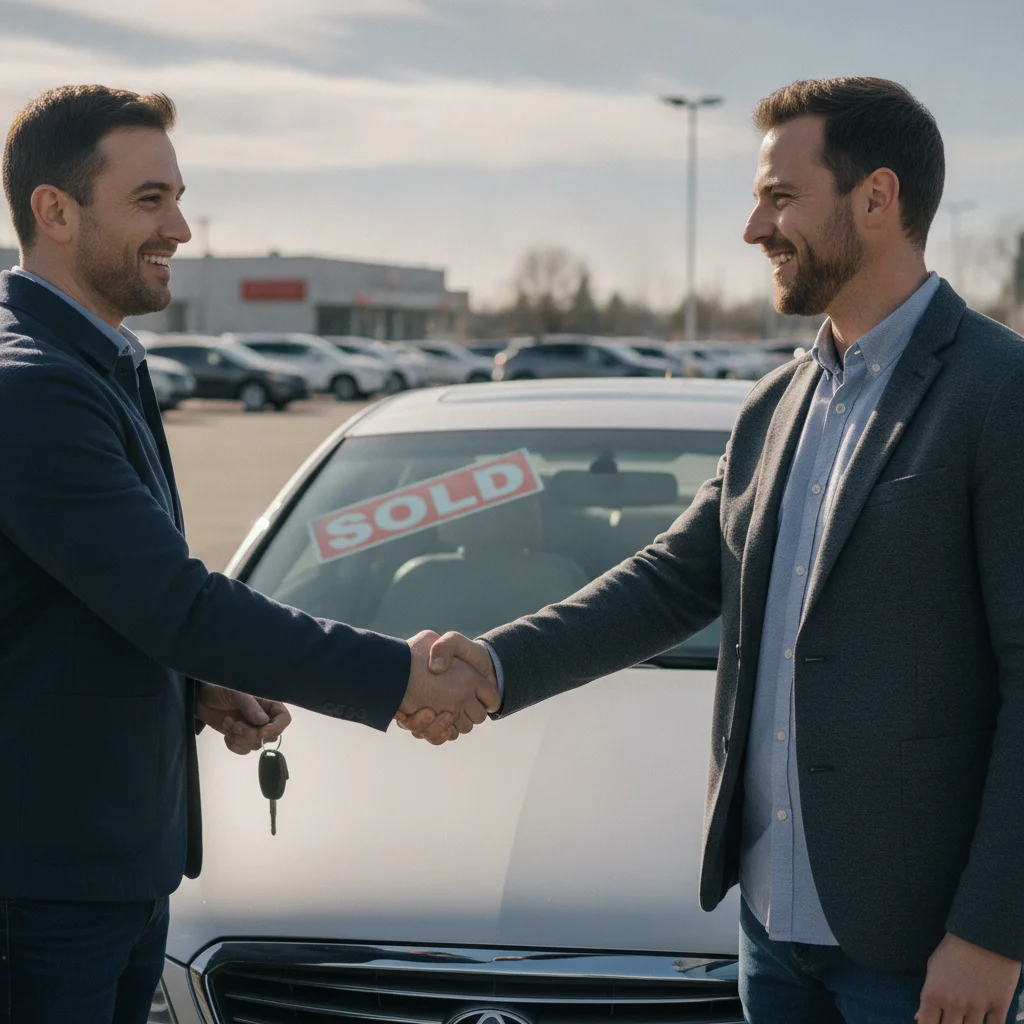A car buyer and private seller shaking hands beside a used car after completing a deal