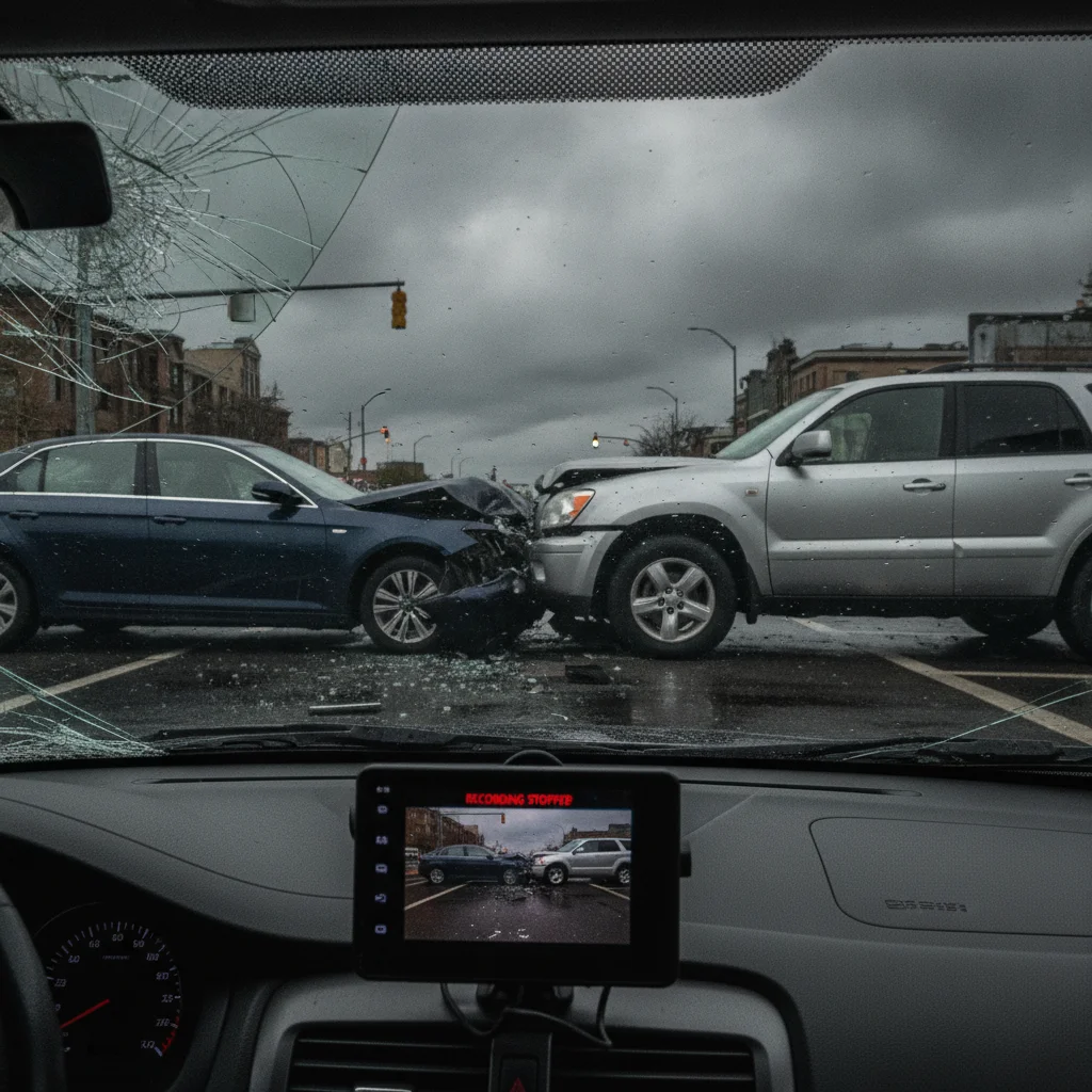 View from inside a car after a collision with dashcam screen displaying frozen accident footage