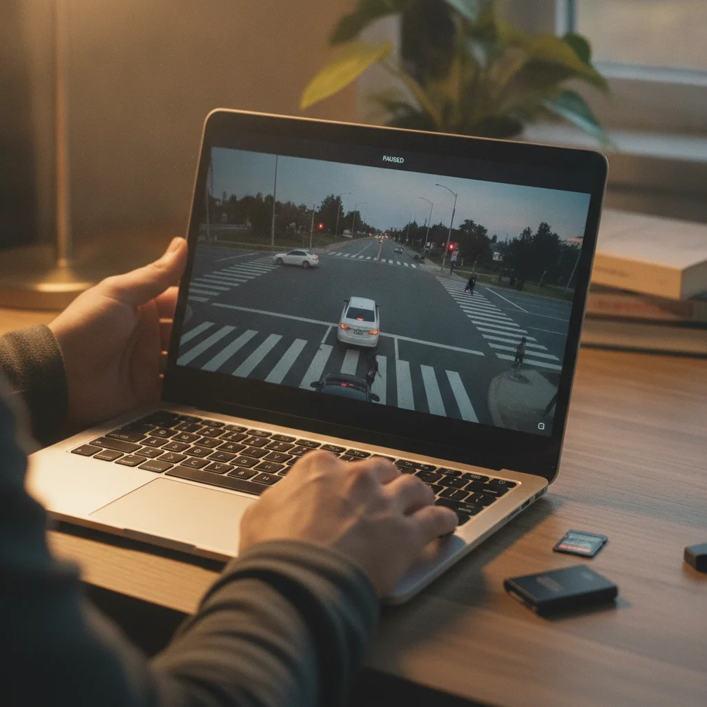 Driver reviewing dashcam footage on a laptop with SD card on the desk nearby