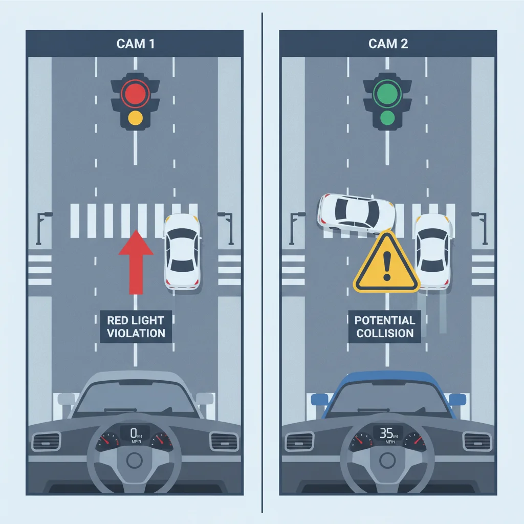 Split dashcam view from two vehicles showing opposing perspectives of an intersection accident