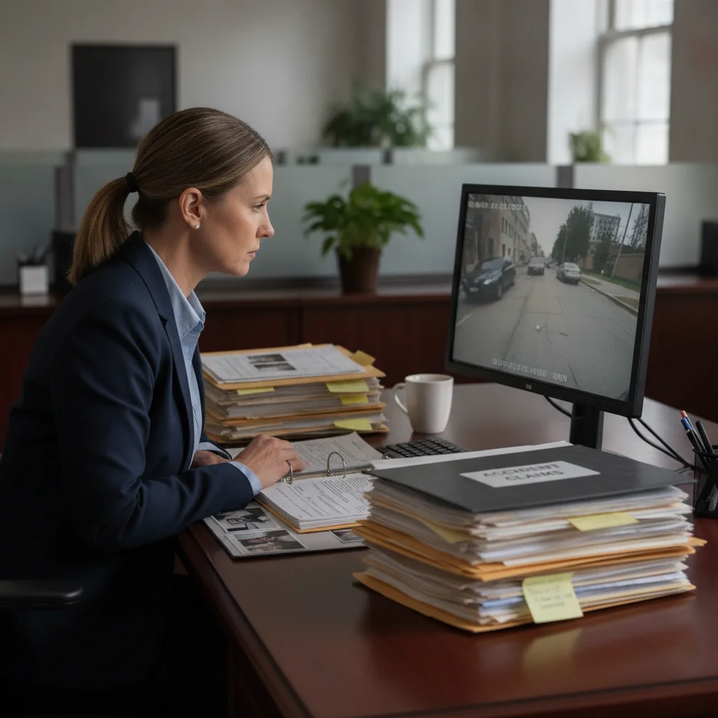 Insurance adjuster reviewing dashcam video footage on a computer monitor during a claim review