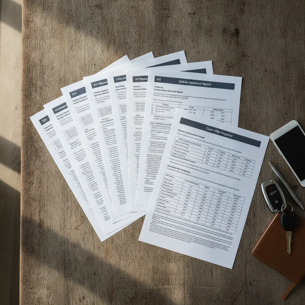 Printed competing trade-in offer documents and car keys arranged on a table before a dealership visit