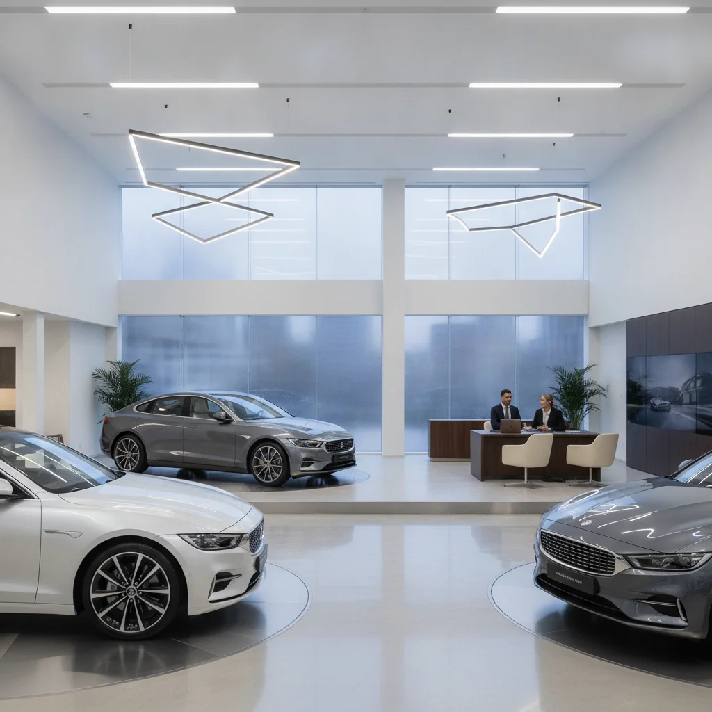 Dealership showroom interior with a negotiation desk where a buyer and salesperson are seated