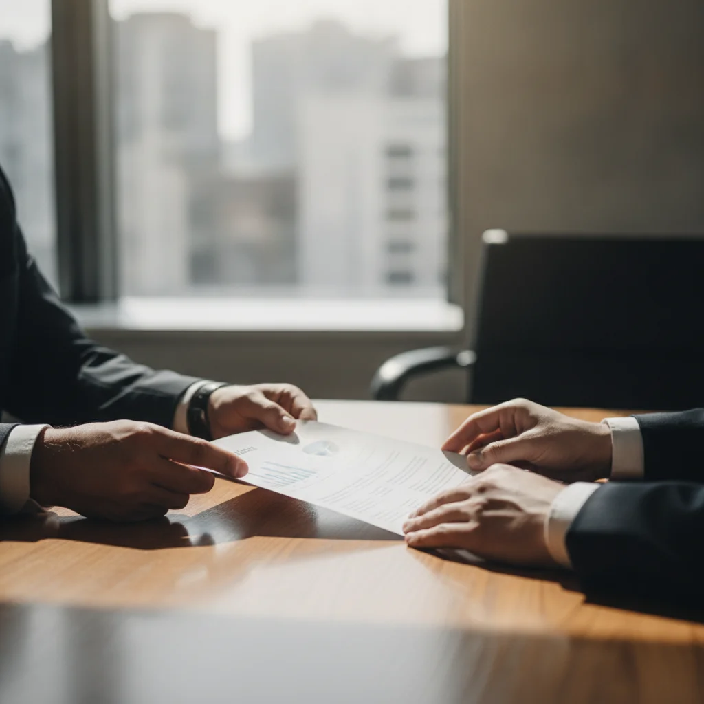 Person placing a printed competing offer document on a dealership desk during trade-in negotiation