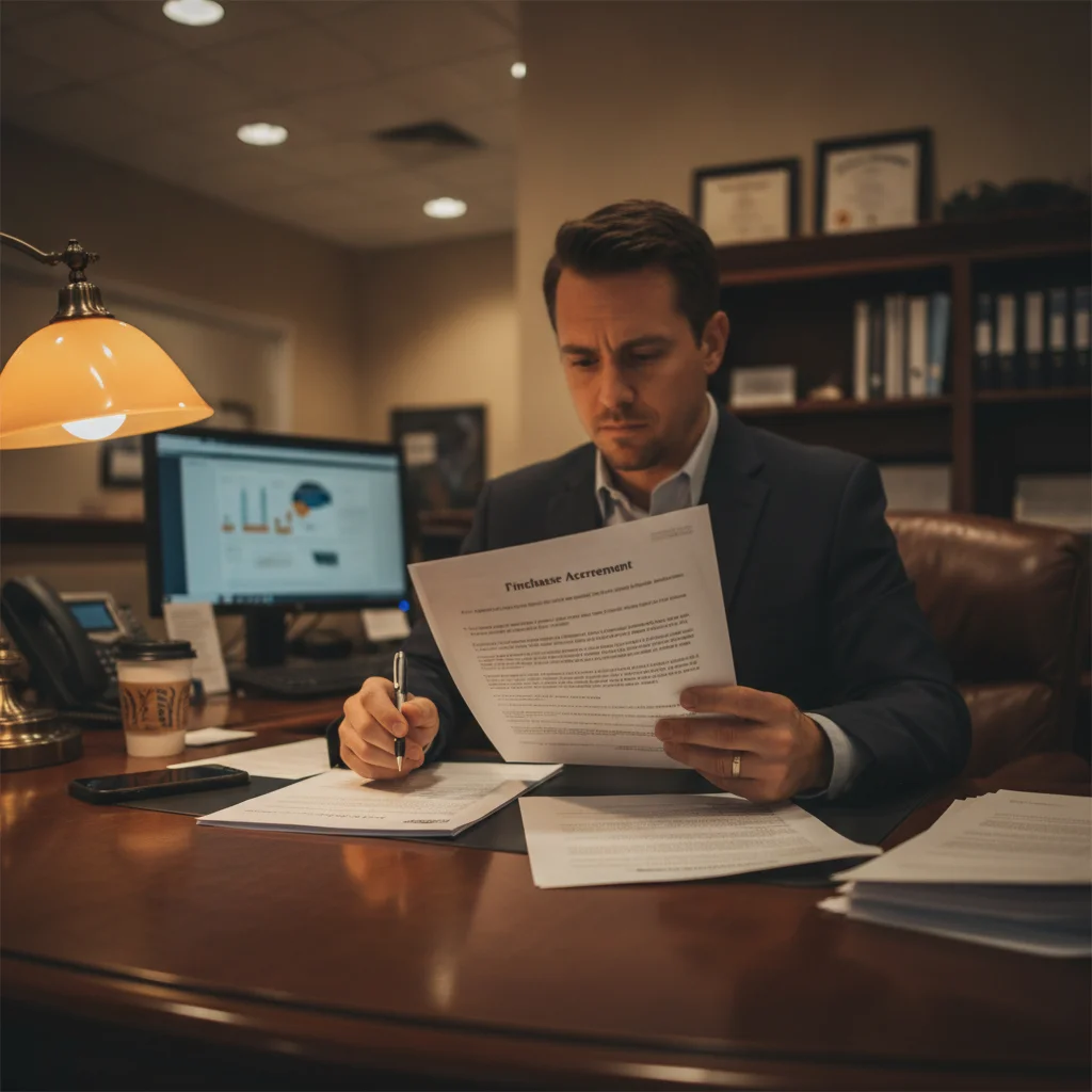 Car buyer reviewing a vehicle purchase agreement and trade-in allowance line items in a dealership finance office