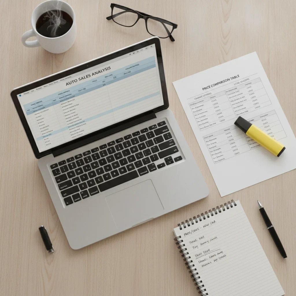 Overhead view of a desk with car listing comparisons, a spreadsheet, and printed notes for negotiation