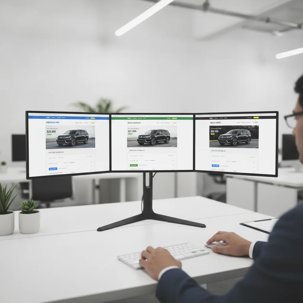 Computer monitor displaying three car valuation websites side by side showing different price estimates