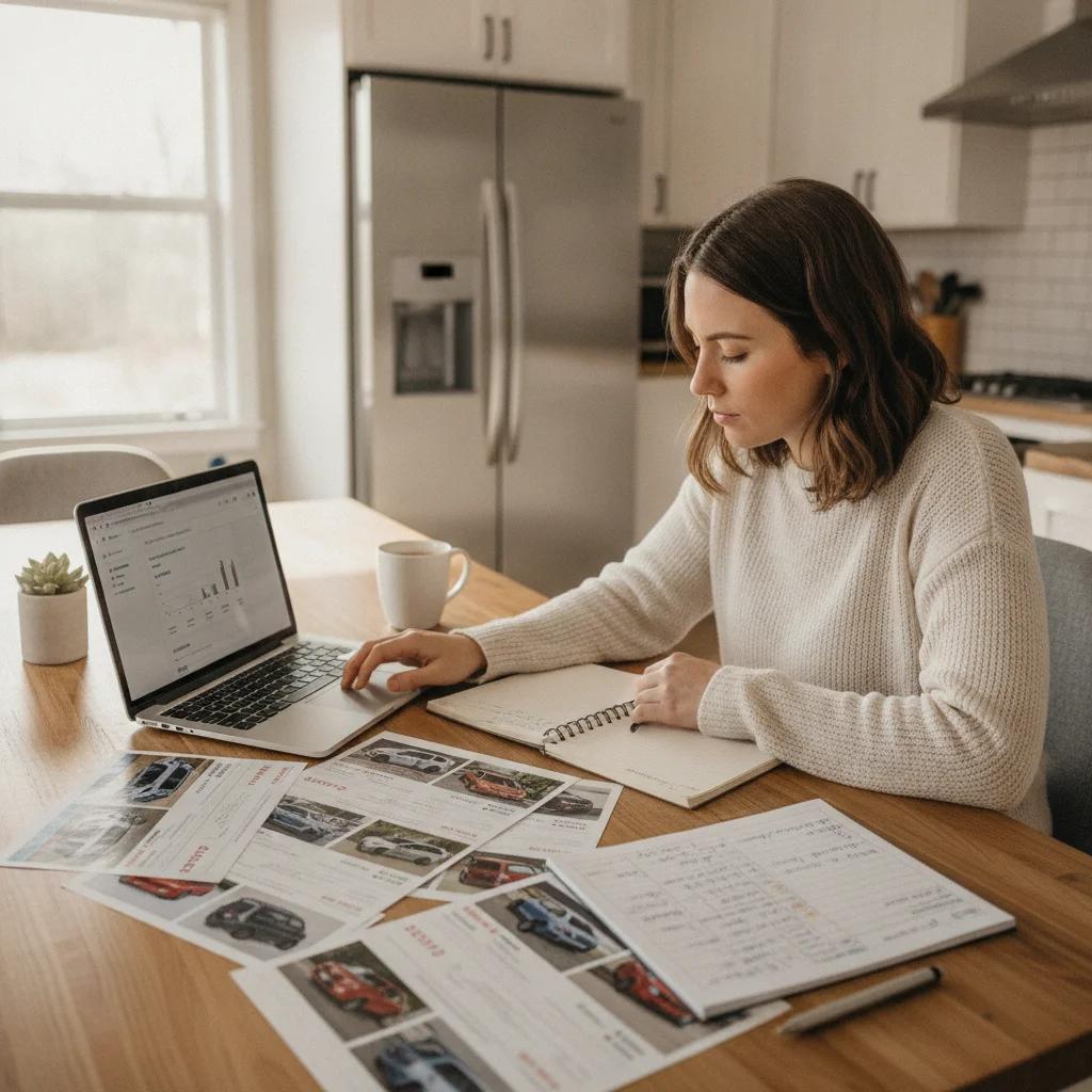 Person reviewing printed car listings and valuation research at a kitchen table with a laptop