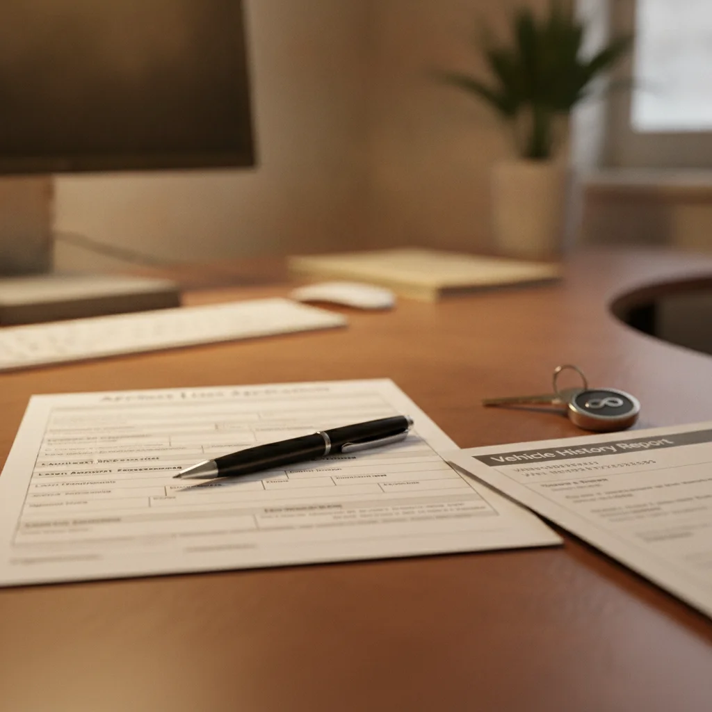 Car loan application form on desk next to vehicle history report and car keys.