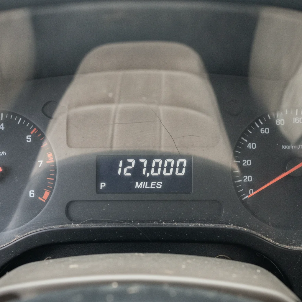 Car odometer displaying 127,000 miles inside an aging used vehicle interior.