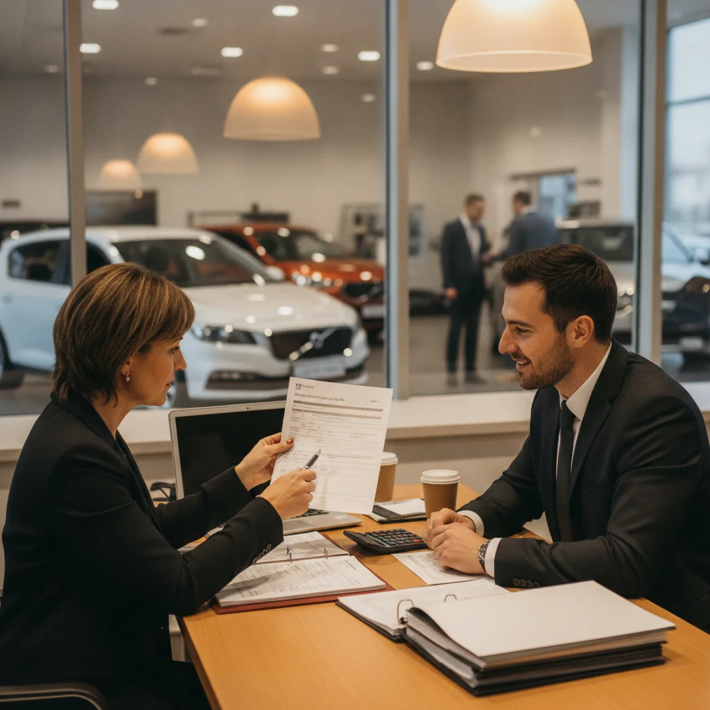 Car buyer reviewing vehicle financing checklist with a dealership finance manager.
