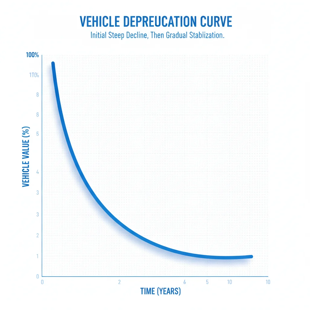 A depreciation curve graph showing steep early value loss that gradually flattens over ten years