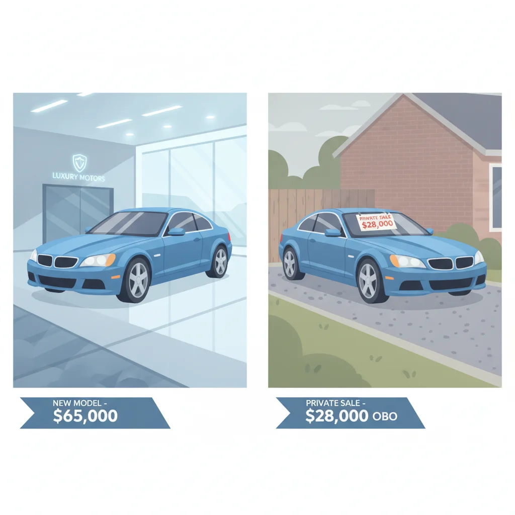 New car at dealership versus used same-model car at private sale showing price difference due to depreciation