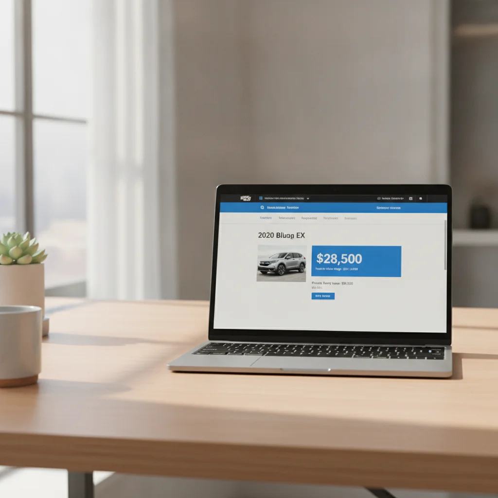 A laptop screen displaying an online car valuation tool with vehicle details and estimated market value