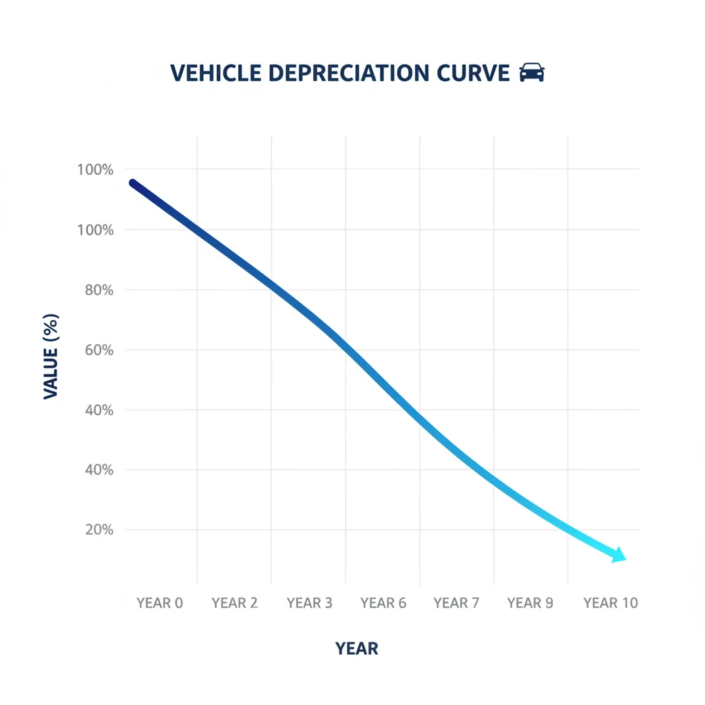 A depreciation curve chart showing vehicle value declining steeply in early years and flattening after year five